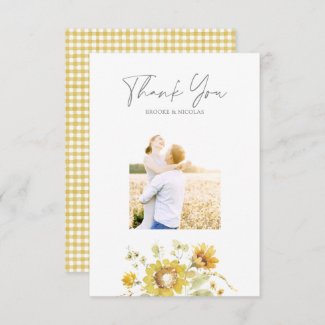 Yellow Sunflower Watercolor Wedding Photo Thank You Card