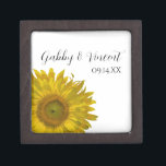 Yellow Sunflower Wedding Jewelry Box<br><div class="desc">Customize the pretty Yellow Sunflower Wedding Gift Box with the personal names of the bride and groom and specific marriage ceremony date to create a keepsake gift for the bride or her bridesmaids. This beautiful floral wedding gift box features a yellow sunflower blossom with a white background.</div>