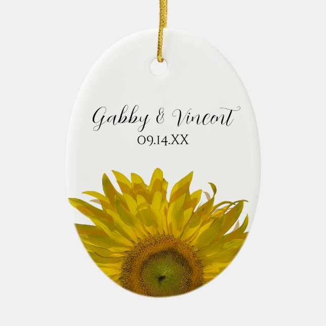 Yellow Sunflower Wedding Photo Ceramic Ornament (Front)