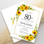 Yellow Sunflower White Daisy Floral 80th Birthday Invitation<br><div class="desc">Pretty yellow sunflower floral 80th birthday card. Yellow peonies and white daisies mingle with the sunflowers. A rectangular gold frame gives it an elegant vibe. Very easy to customize. That back is white with a sunflower bouquet. This is a perfect for a summer birthday celebration. This item is party of...</div>