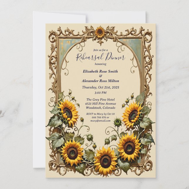 Yellow sunflower with art frame rehearsal dinner invitation (Front)