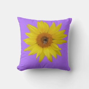 Yellow Sunflower with Bee on Purple Background Throw Pillow