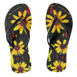 Yellow Sunflower with Confetti - Black Flip Flop