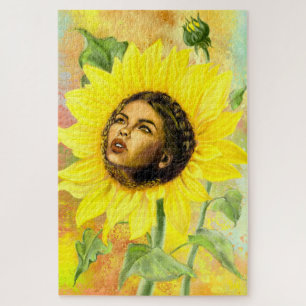 Yellow Sunflower Woman Jigsaw Puzzle