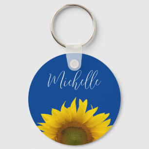 Yellow SunflowerElegant Typography Blue Keychain