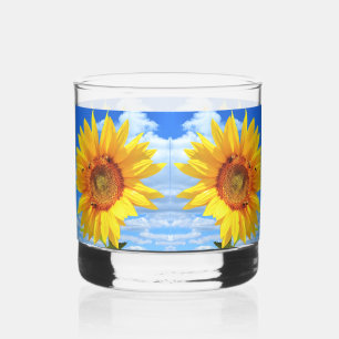 Yellow Sunflowers and Bees on Blue Sky Whiskey Glass