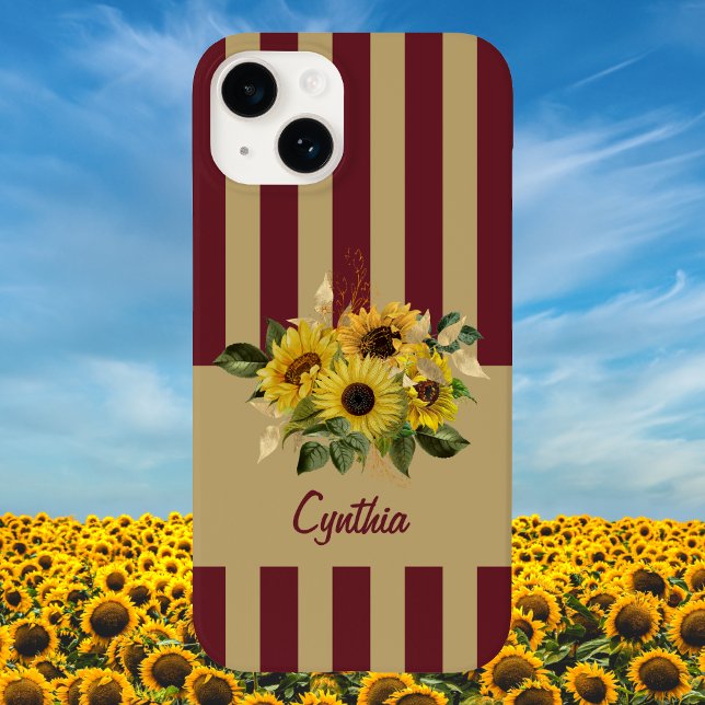 Yellow Sunflowers and Burgundy and Gold Striped Case-Mate iPhone Case (Creator Uploaded)