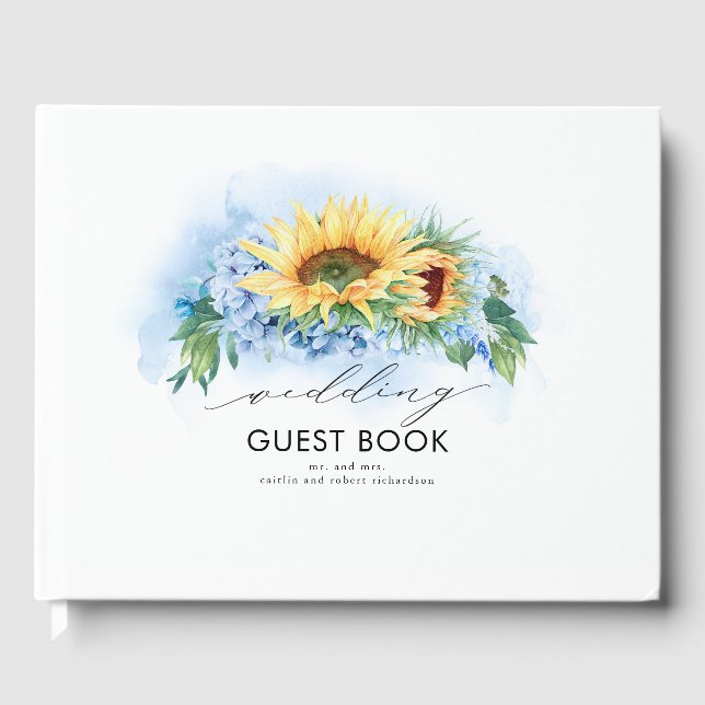 Yellow Sunflowers and Dusty Blue Hydrangea Guest Book (Front)