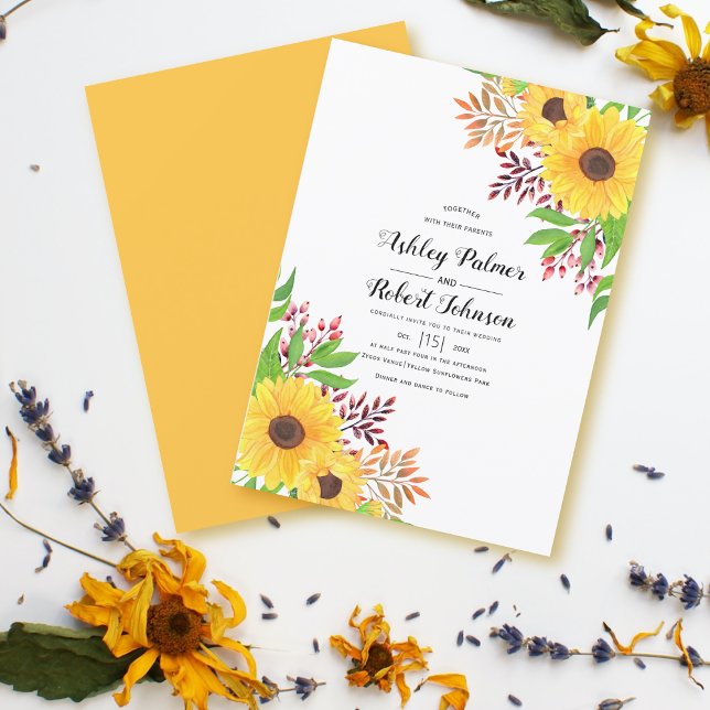 Yellow sunflowers and fall leaves autumn wedding invitation (Creator Uploaded)