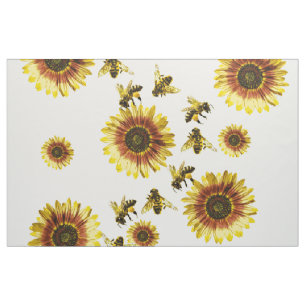Yellow Sunflowers and Honey Bees Summer Pattern Fabric
