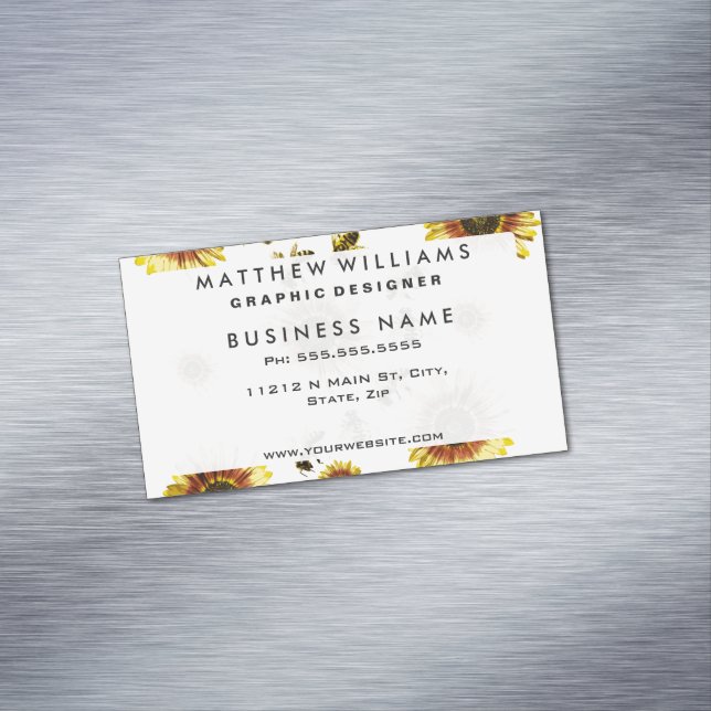 Yellow Sunflowers and Honey Bees Summer Pattern Magnetic Business Card (In Situ)