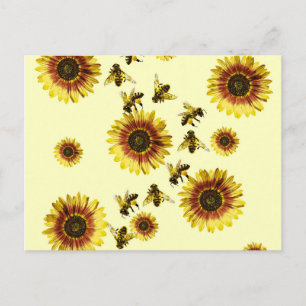 Yellow Sunflowers and Honey Bees Summer Pattern Postcard