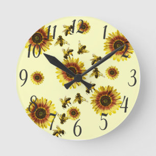 Yellow Sunflowers and Honey Bees Summer Pattern Round Clock