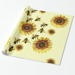 Yellow Sunflowers and Honey Bees Summer Pattern Wrapping Paper