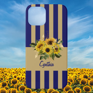 Yellow Sunflowers and Navy Blue and Gold Striped iPhone 12 Case