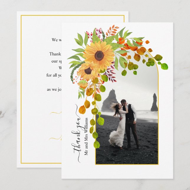 Yellow sunflowers, arch with photo fall wedding  thank you card (Front/Back)