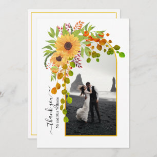 Yellow sunflowers, arch with photo fall wedding  thank you card