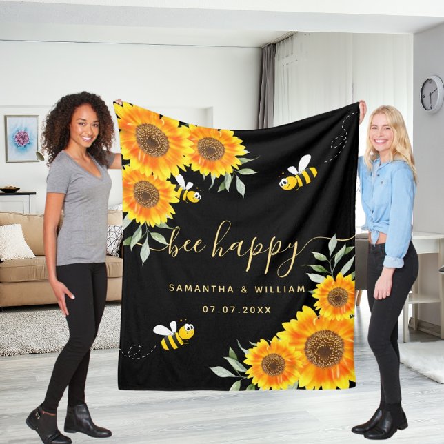 Yellow sunflowers bees black bee happy wedding fleece blanket (Creator Uploaded)