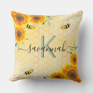 Yellow sunflowers bees rustic monogram script throw pillow