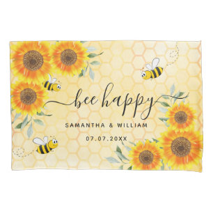 Yellow sunflowers bees rustic wedding couple pillowcase