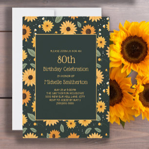 Yellow Sunflowers Black 80th Birthday  Invitation
