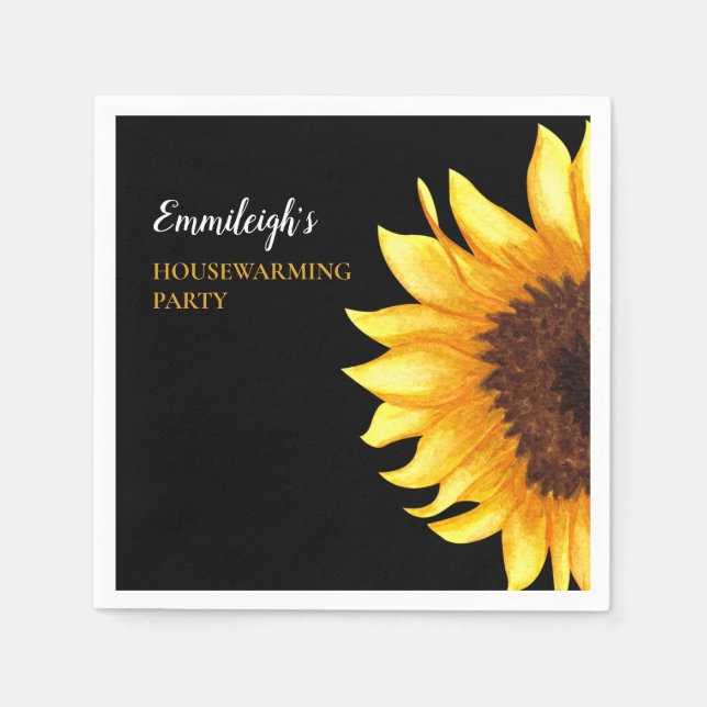 Yellow Sunflowers Black Housewarming Party Napkin (Front)