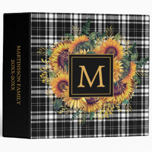 Yellow Sunflowers Black White Plaid Monogram  Binder