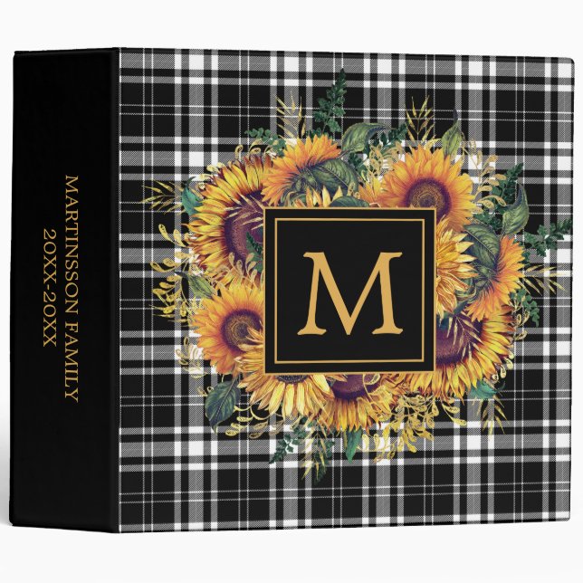 Yellow Sunflowers Black White Plaid Monogram  Binder (Front/Spine)