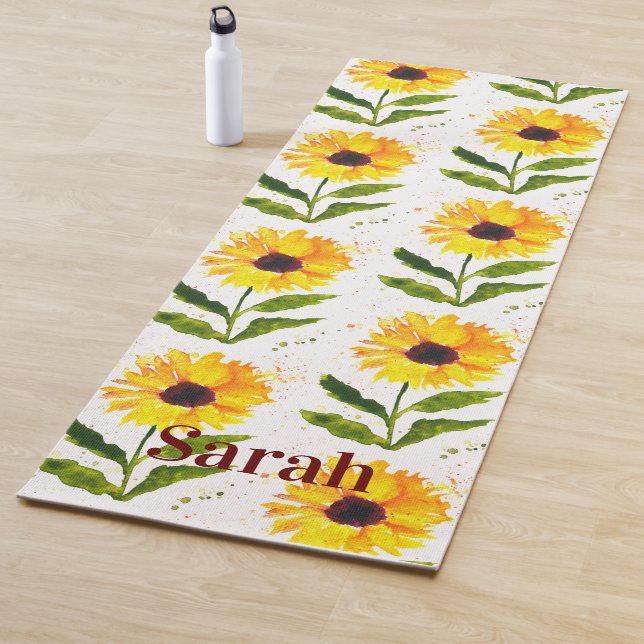 Yellow Sunflowers Brown Rustic Floral watercolor Yoga Mat (In Situ)