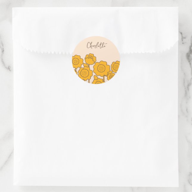  Yellow Sunflowers Customizable Name     Classic Round Sticker (Bag)