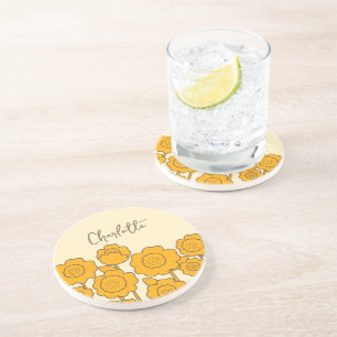 Yellow Sunflowers Customizable Name Coaster