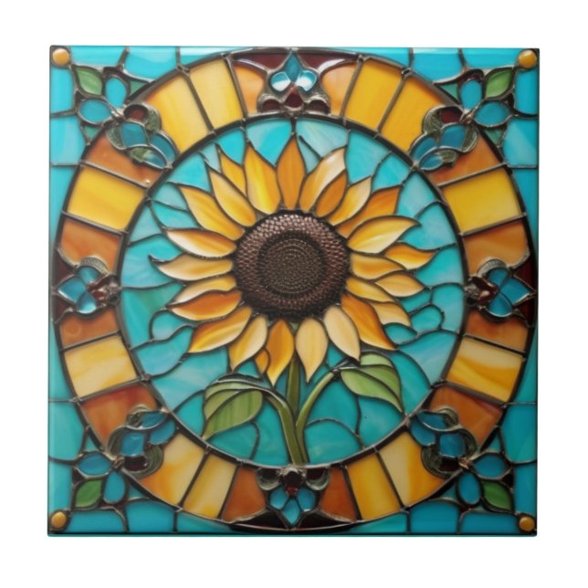 Yellow Sunflowers Faux Stained Glass Aqua Blue Tile (Front)