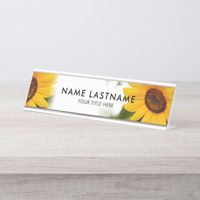 Yellow Sunflowers Floral Botanical White Title Desk Name Plate (Front)