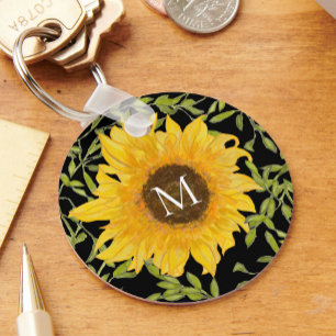 Yellow Sunflowers Floral custom monogram black Keychain