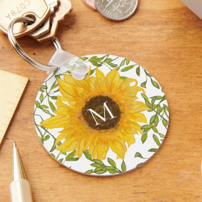 Yellow Sunflowers Floral custom monogram Keychain (Creator Uploaded)