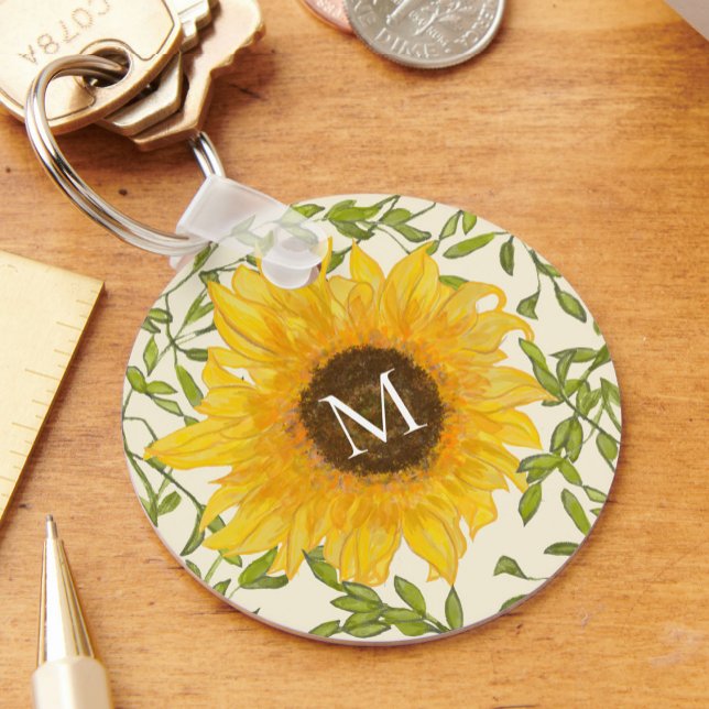 Yellow Sunflowers Floral custom monogram Keychain (Creator Uploaded)