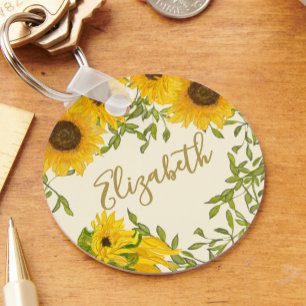 Yellow Sunflowers Floral custom name beige Keychain