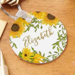 Yellow Sunflowers Floral custom name Keychain
