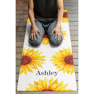 Yellow Sunflowers Floral Pattern White Yoga Mat
