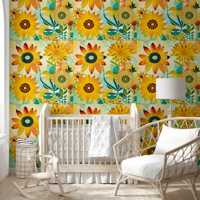 Yellow Sunflowers Folk Art Wallpaper (Kids)