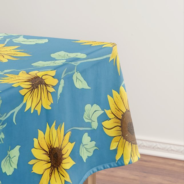 Yellow sunflowers green leaves blue background tablecloth (In Situ)