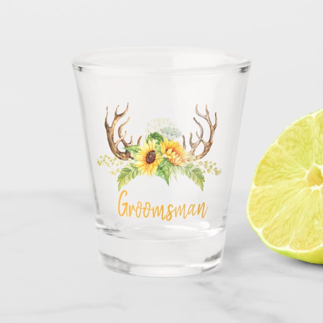 Yellow Sunflowers Greenery Antlers Groomsman Shot Glass (Front)
