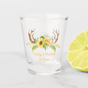Yellow Sunflowers Greenery Antlers Wedding Favour Shot Glass