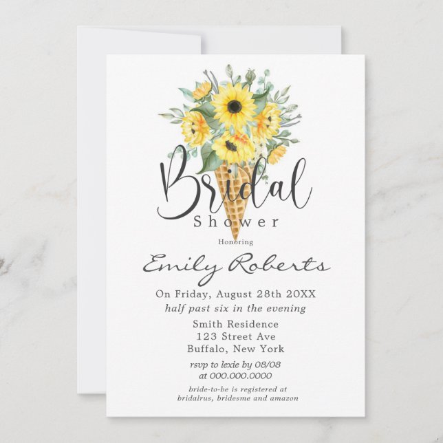 Yellow Sunflowers Ice Cream Cone Bridal Shower  In Invitation (Front)