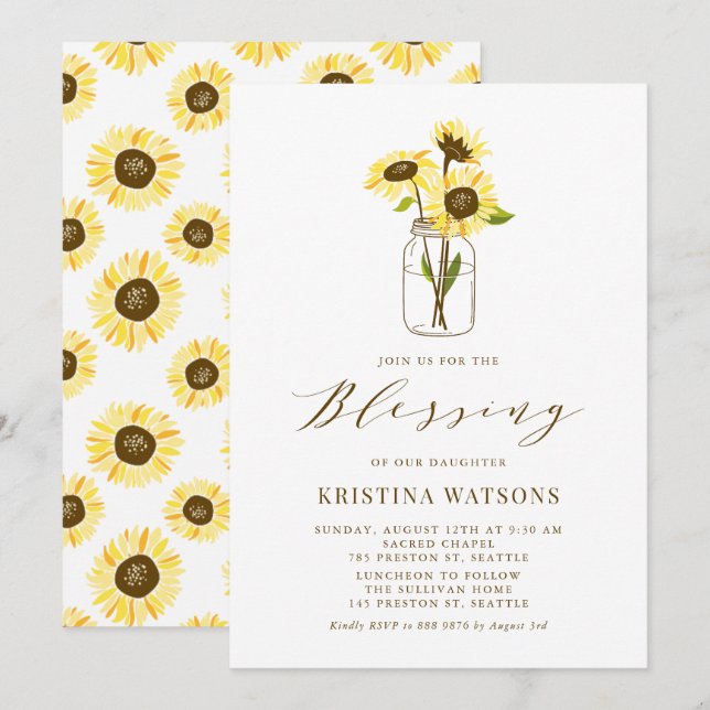 Yellow Sunflowers in a Mason Jar Baby Blessing Invitation (Front/Back)