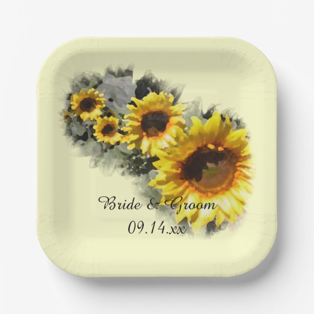 Yellow Sunflowers in a Row Garden Wedding Paper Plate (Front)