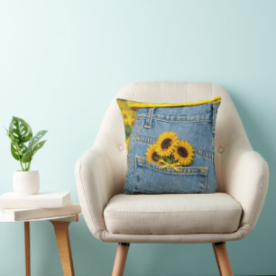 Yellow Sunflowers in Blue Jean Pocket Throw Pillow