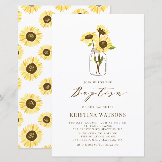 Yellow Sunflowers in Mason Jar Baptism Invitation (Front/Back)