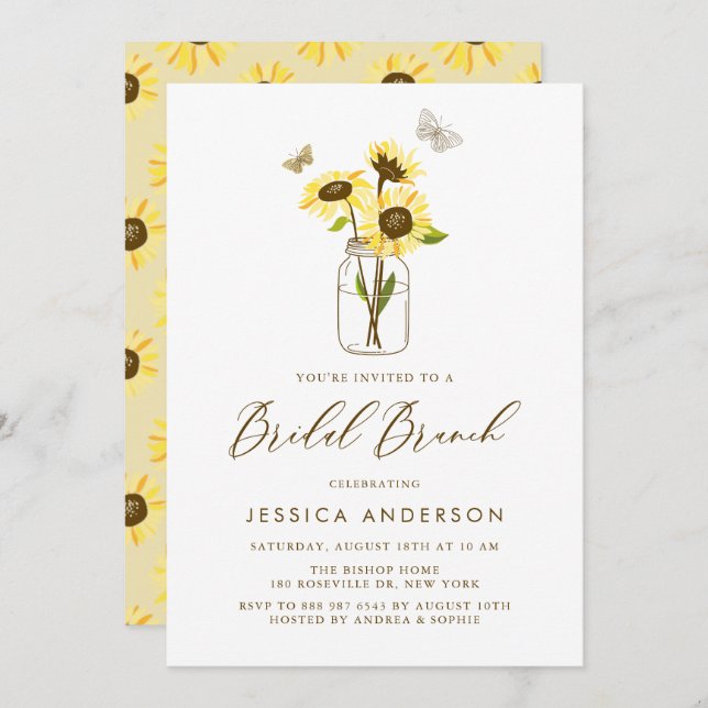 Yellow Sunflowers in Mason Jar Bridal Brunch Invitation (Front/Back)