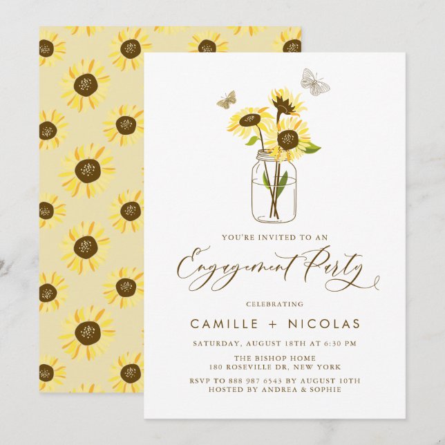 Yellow Sunflowers in Mason Jar Engagement Party Invitation (Front/Back)